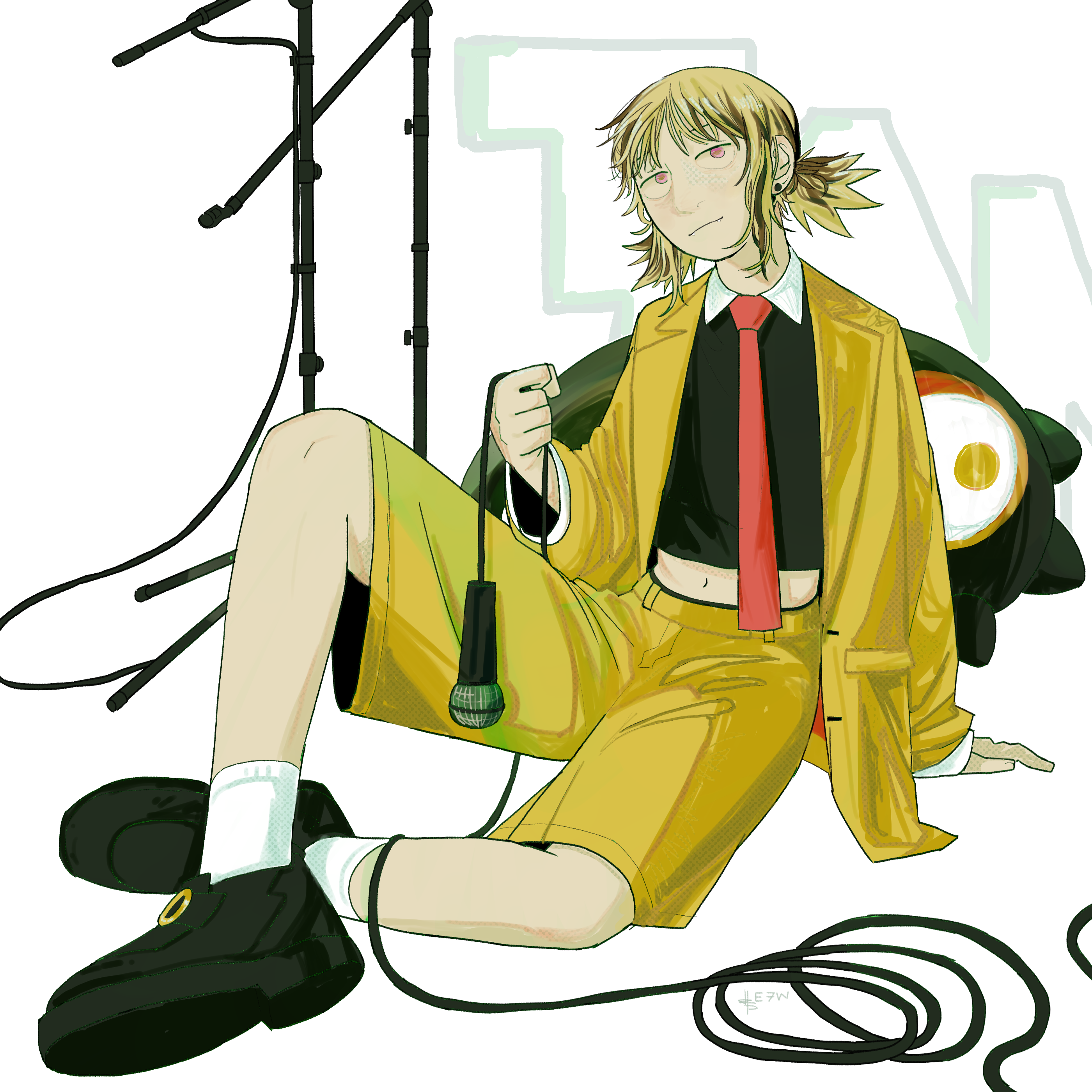 fanart of gigi murin in her T.A.N. suit and shorts. she's sitting on the floor leaning back on her 
	  hand and holding a microphone by the cord with the other. there are two microphone stands behind her with cords trailing on the floor.